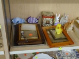 PARTIAL SHELF LOT OF ASSORTED SHELF DECORATIONS; THIS 16 PIECE LOT INCLUDES 6 PICTURE FRAMES OF