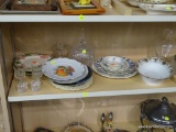 PARTIAL SHELF LOT OF DECORATIVE PLATES AND CUT GLASS; INCLUDES AN ASSORTMENT OF DECORATIVE PLATES, A