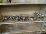 SHELF LOT OF ASSORTED SILVERPLATE; INCLUDES 8 CORDIAL GLASSES, A GRAVY BOAT, A SUGAR AND CREAMER,