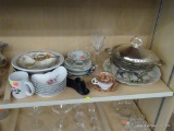 PARTIAL SHELF LOT OF GLASSWARE; INCLUDES AN ASSORTMENT OF SERVING BOWLS, BONE DISHES, A
