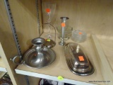 PARTIAL SHELF LOT OF PEWTER, SILVERPLATE, AND GLASSWARE; THIS 12 PIECE LOT INCLUDES A PEWTER CANDLE