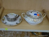 PARTIAL SHELF LOT OF CHINA; INCLUDES A 7 PIECE SET OF NORITAKE AND A DOUBLE-HANDLED COVERED SERVING