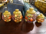 FRUIT THEMED CANISTER SET; INCLUDES 4 GRADUATED SIZE FRUIT PATTERNED CANISTERS WITH LIDS. ALL ARE IN