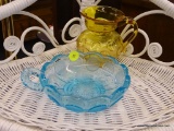 LOT OF GLASSWARE; THIS 2 PIECE LOT INCLUDES A BLUE, SINGLE-HANDLED ASH TRAY WITH FROSTED GLASS