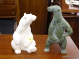 POLISHED STONE BEAR FIGURINES; INCLUDES A GREEN STANDING BEAR AND A WHITE SITTING BEAR. LARGEST