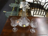 SAILBOAT DECANTER AND STEMWARE; LARGE GLASS DECANTER WITH FROSTED SAILBOAT DESIGN AND TWO MATCHING