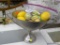 BOWL & FRUIT; PEWTER DOUBLE HANDLED PEDESTAL BASED COMPOTE WITH ARTIFICIAL FRUIT. IS IN EXCELLENT