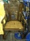 ANTIQUE TRIPLE PANEL CANE WINGBACK CHAIR; WOODEN CARVED FRAME WITH PATTERNED CREST, 3 PANELED BACK