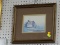 FRAMED CABIN PRINT; THIS PRINT SHOWS THREE CABINS UP ON STILTS ON THE BEACH. DOUBLE MATTED AND