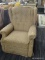 RECLINER; BROWN FLORAL PATTERN RECLINER. IS IN GOOD USED CONDITION! MEASURES 33 IN X 35 IN X 38 IN