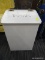 WOODEN TRASH BIN; WHITE WOODEN BIN WITH HINGED LID. LID SAYS 