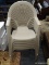 PATIO CHAIRS; SET OF 5 PLASTIC, BEIGE PATIO CHAIRS. CHAIRS ARE STACKABLE FOR EASY STORAGE. MEASURE