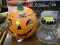 HALLOWEEN DECOR; LIGHT UP PUMPKIN WITH PAINTED MICE CLIMBING ABOUT. ALSO INCLUDES A GLASS JAR WITH A