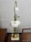 FLORAL TABLE LAMP; FEATURES A SQUARE MARBLE BASE, BRASS FIXTURES, AND A PORCELAIN MIDDLE PAINTED