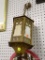 GOTHIC REVIVAL STYLE LANTERN; HEXAGON DECORATIVE LIGHT. HAS MARBLED WHITE AND LIGHT AMBER GLASS.