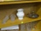 ASSORTED 4 PIECE LOT; INCLUDES A BRASS CANDLE HOLDER ON A ROUND DRIP SAUCER WITH A ROUND HANDLE. A