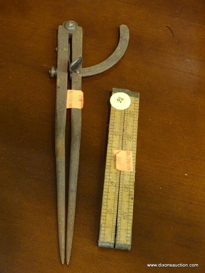 ANTIQUE LOT OF MEASURING TOOLS; INCLUDE A HINGED RULER AND METAL PROTRACTOR CALIPER. LOT INCLUDES 2