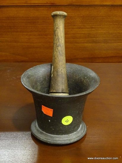 ANTIQUE HEAVY BRASS MORTAR & PESTLE; USED FOR EITHER FOOD OR APOTHECARY; PESTLE HAS A WOODEN HANDLE