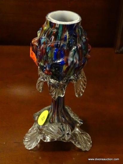 DECORATIVE FISH GLASS VASE; CLEAR GLASS FISH SCALES. HAS 3 FISH SCALE LEGS IN CLEAR GLASS. THE BODY