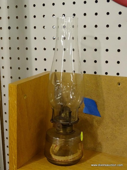 BIRMINGHAM BRASS CO. OIL LAMP; CLEAR GLASS CHIMNEY WITH A BRASS BURNER. INCLUDES WICK. MEASURES 4 IN