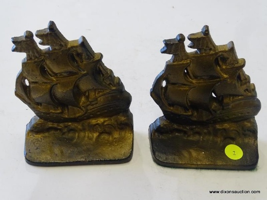 (FRONT) CAST IRON SHIP BOOKENDS; PAINTED BRONZE TONE CAST IRON SHIP BOOKENDS. "B-1754, CAST IN