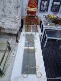 GOLD TONED LOT; INCLUDES A WALL HANGING PLATE RACK AND A 4 TIERED PLATE HOLDER.