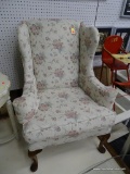 WING CHAIR; FLORAL UPHOLSTERED QUEEN ANNE WING BACK CHAIR WITH MATCHING SLIPCOVERS AND REMOVABLE