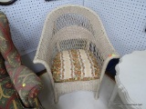 WICKER CHAIR; VINTAGE WICKER ARM CHAIR WITH REMOVABLE SEAT AND CUSHION. IS IN VERY GOOD CONDITION