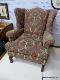 WING CHAIR; FLORAL PAISLEY UPHOLSTERED WING BACK CHAIR WITH REMOVABLE CUSHION. MEASURES 32 IN X 34