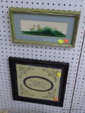 FRAMED PRINT AND EMBROIDERY; PRINT DEPICTS THREE BIRDS IN A GRASSY FIELD (1 HAS A BOW AND IS KISSING