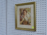 FRAMED PRINTS; FIRST PRINT DEPICTS A YOUNG WOMAN IN A BROWN DRESS WITH FLOWERS AND A KITTEN. HAS