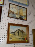 PAIR OF FRAMED PRINTS; FIRST PRINT IS DEPICTS A SAILBOAT COMING IN TO DOCK AND SECOND PRINT IS OF A