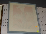 FRAMED LILLY PRINT; WHITE AND PINK LILIES ON A PINK BACKGROUND THAT FADES TO LIGHT PINK. IT IS