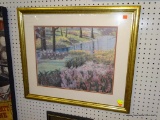 FRAMED IMPRESSIONIST CREEK/FLOWERS IMAGE; DEPICTS A CREEK SCENE WITH FLOWERS ALL ALONG THE