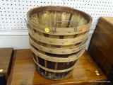 APPLE BASKETS; SET OF 4 APPLE BASKETS CONSTRUCTED FROM DARK AND LIGHT WOOD SLATS, FEATURING METAL