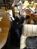 GOLF BAG WITH DUNLOP CLUB SET; NAVY BLUE AND BLACK KICKSTAND BAG WITH SET OF DUNLOP TDPLUS CLUBS.