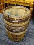 APPLE BASKETS; SET OF 6 APPLE BASKETS CONSTRUCTED FROM DARK AND LIGHT WOOD SLATS, FEATURING METAL