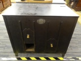 VINTAGE TINDERBOX; THIS VINTAGE TINDERBOX IS MADE OF TIN AND IS BLACK IN COLOR. THE LID IS HINGED