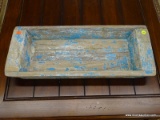 SHABBY CHIC TABLE TRAY; WOODEN TRAY WITH DISTRESSED TURQUOISE PAINT. MEASURES 24.5 IN X 10 IN X 3