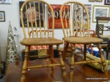 DINING CHAIR; WOODEN, SPINDLE BACK SIDE CHAIR WITH TURNED FRONT LEGS. MEASURES 16.5 IN X 15.5 IN X