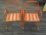 VINTAGE CHILDREN'S LAWN CHAIRS; TWO RED METAL LAWN CHAIRS WITH STRIPED CUSHIONS. NEED SOME CLEANING,