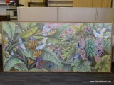 (FRONT) LARGE TROPICAL BALI CANVAS; OVERSIZED CANVAS WITH ASSORTED TROPICAL BIRDS, BUTTERFLIES, AND