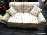 STRIPE UPHOLSTERED LOVESEAT; FEATURES BLUE, PINK, AND CREAM STRIPED UPHOLSTERY WITH A BUTTON TUFTED