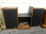 RTR SERIES 3 SPEAKERS; PAIR OF SPEAKERS AND SHELF FOR STEREO SYSTEM. SPEAKERS MEASURE 14.5 IN X 11