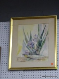 FRAMED IRIS WATERCOLOR; DEPICTS A GROUP OF IRISES IN BLOOM. HAS OFF-WHITE MATTING AND A GOLD TONED