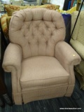 SWIVEL ROCKER; PINK UPHOLSTERED SWIVEL ROCKER FEATURING A CURVED, BUTTON TUFTED BACK, ROUNDED ARMS,