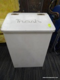 WOODEN TRASH BIN; WHITE WOODEN BIN WITH HINGED LID. LID SAYS 