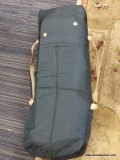 EDDIE BAUER PACK N PLAY; GREEN WITH BEIGE PATTERNED CUSHIONS. INCLUDES CARRY CASE.