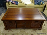 CONTEMPORARY WOOD GRAIN COFFEE TABLE; RICH MAHOGANY COLOR COFFEE TABLE WITH RECTANGULAR PANEL-LOOK