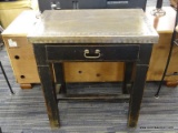 UNIQUE METAL TOP HALL TABLE; RECTANGULAR METAL TOP TABLE WITH RIVET DETAILING AROUND THE TOP AND